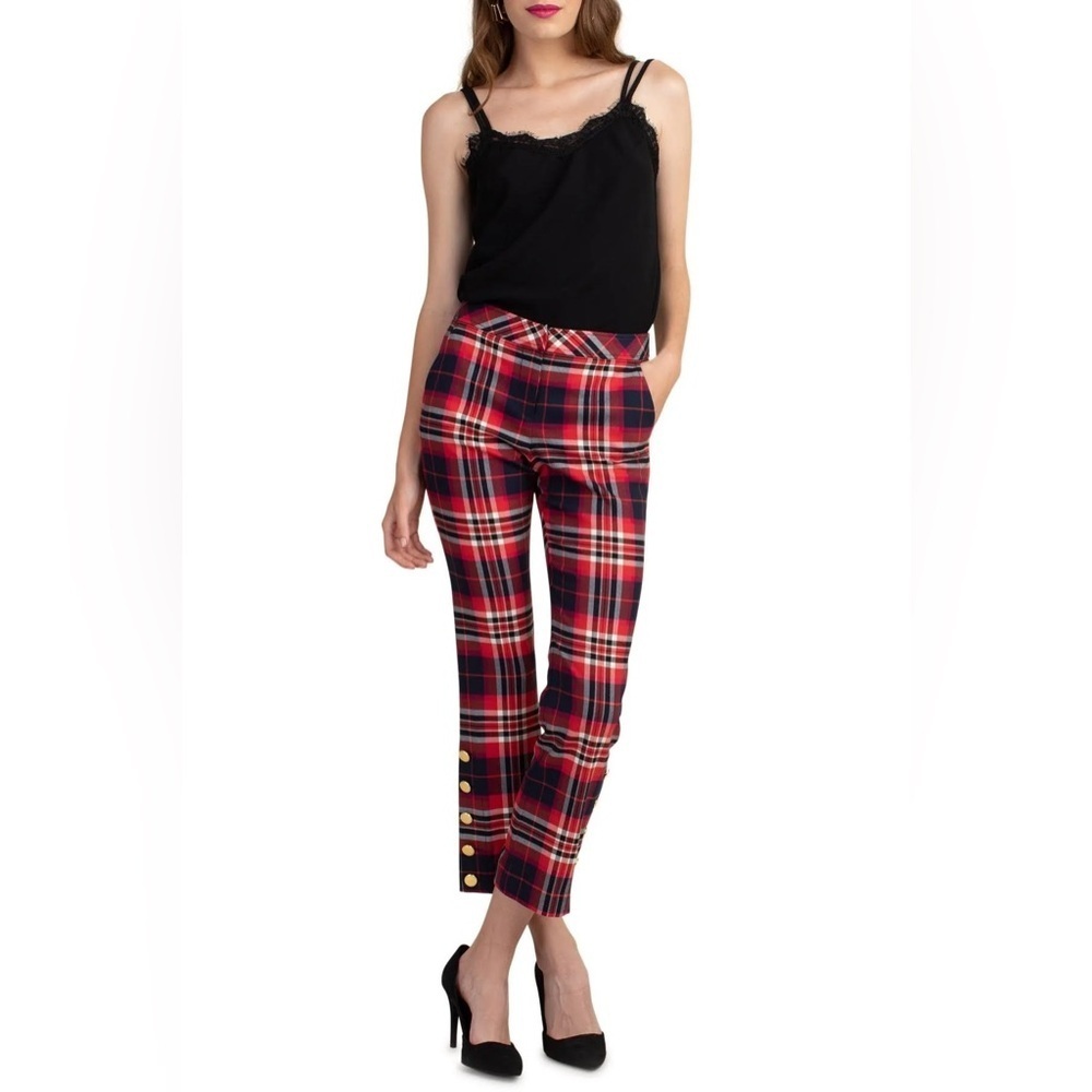 Trina Turk womens 10 Pants Mercury Plaid red white navy check crop kick flare